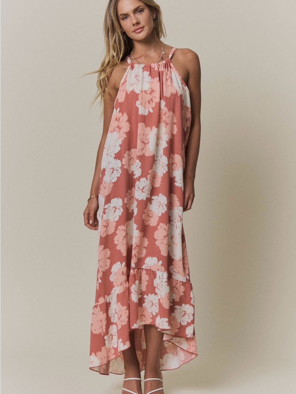 Coral halter ruffle hem floral boho chic flowy western midi summer maxi dress